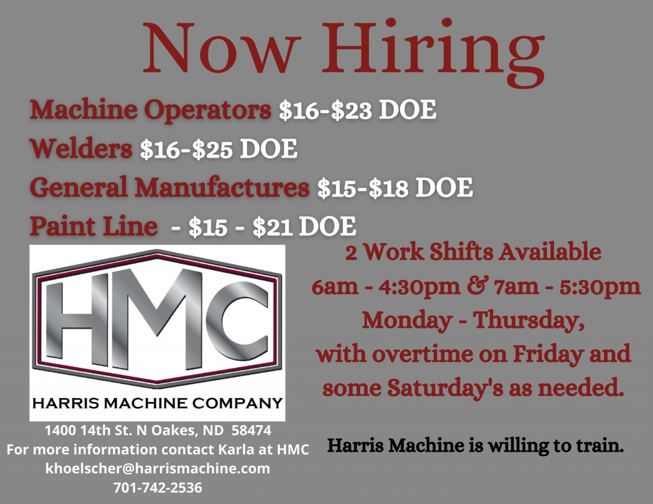 Many Positions Available at Harris Machine